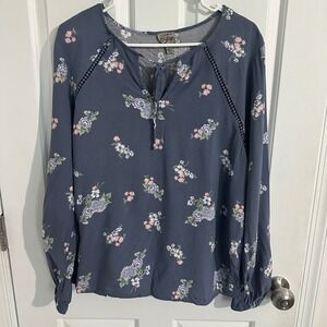 Como‎ Vintage XL Floral Print Long Sleeve Top Blouse Lace Trim Blue Boho